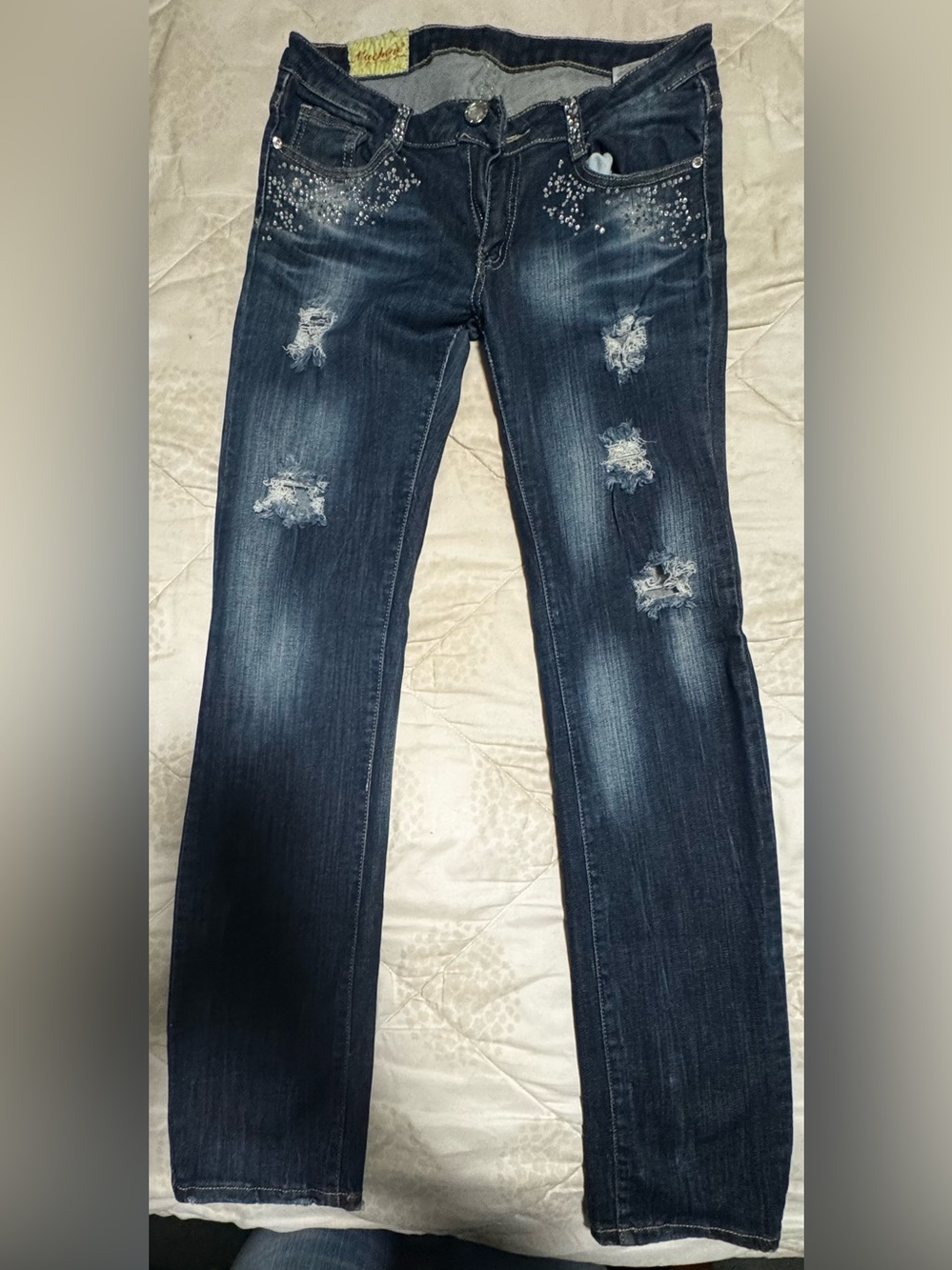Dark Blue Straight Leg Jeans with Rhinestone Accents